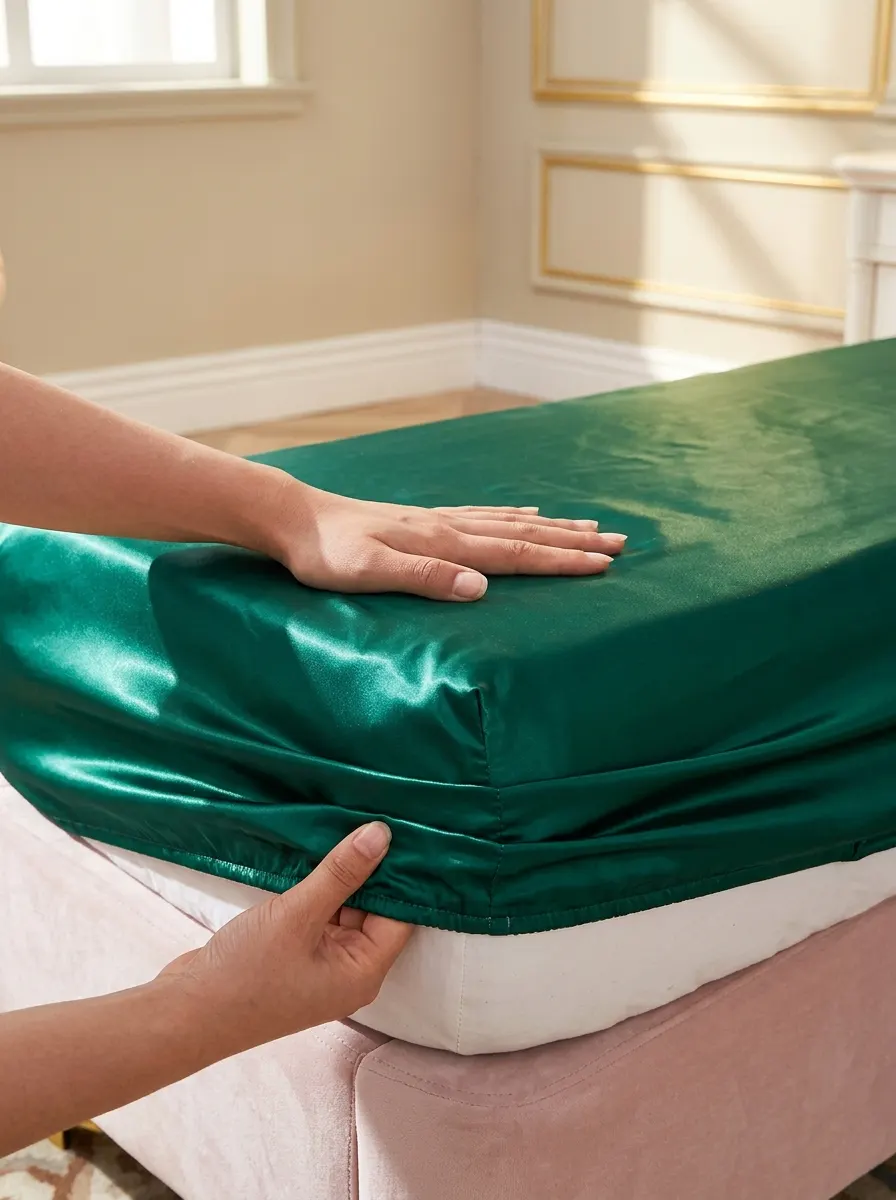 Customer photo of an emerald satin bed