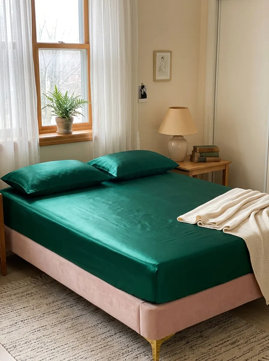 Customer photo of an emerald satin bed