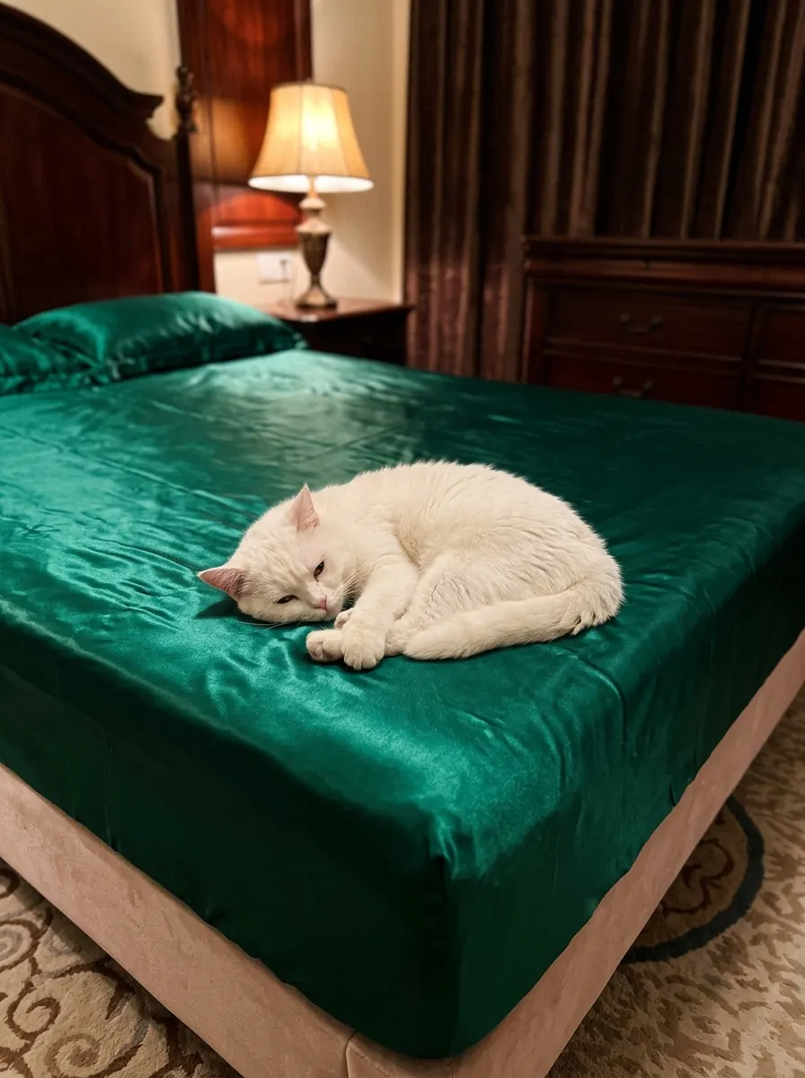 Customer photo of an emerald satin bed