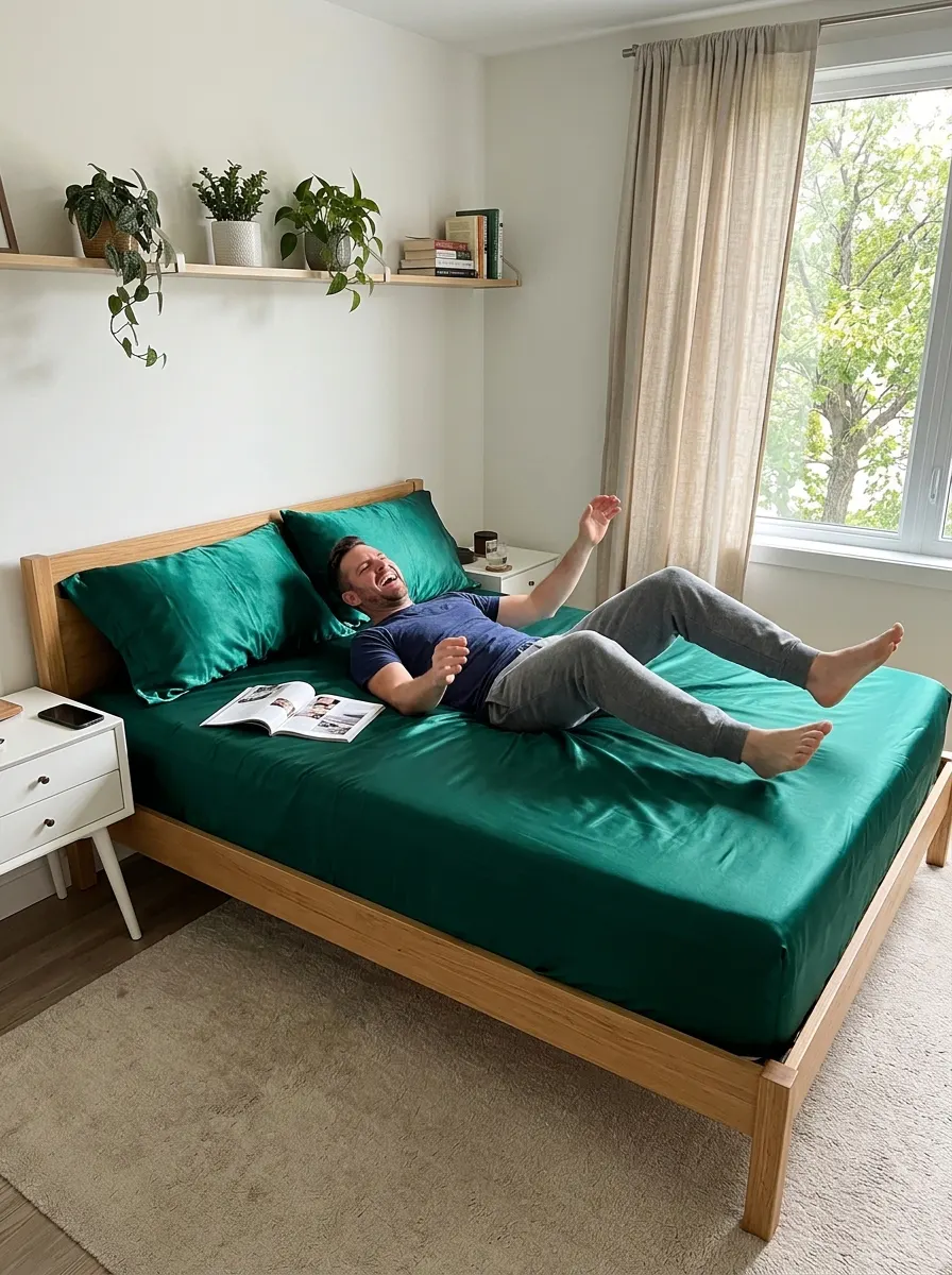 Customer photo of an emerald satin bed