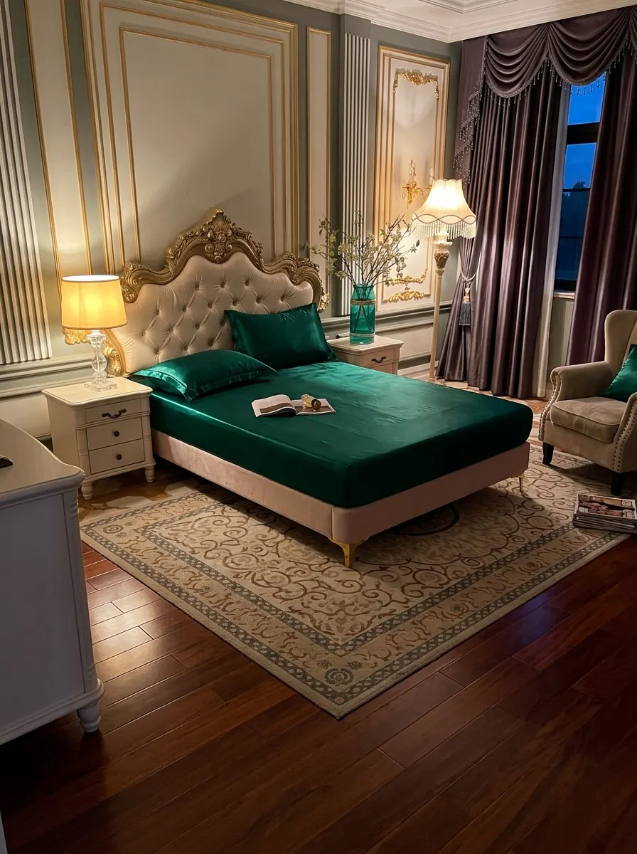 Customer photo of an emerald satin bed