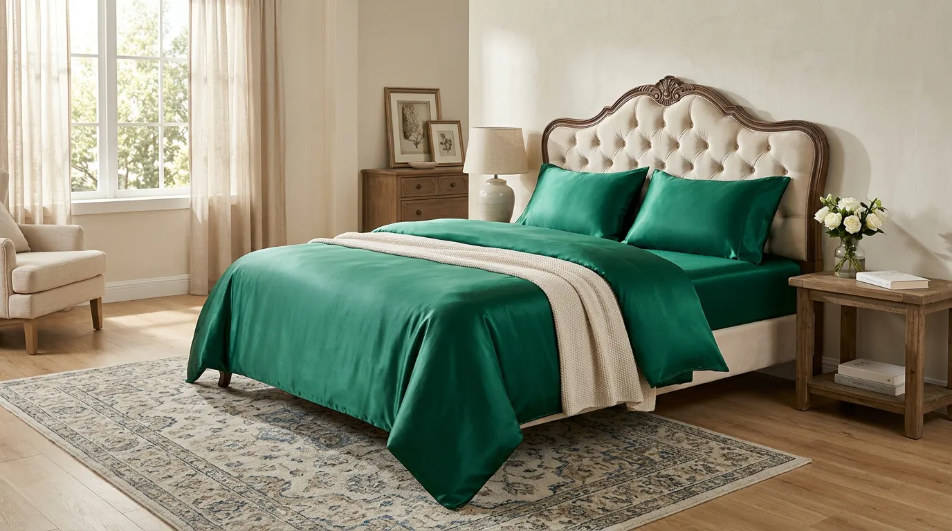 An emerald satin bed styled like a boutique hotel at night
