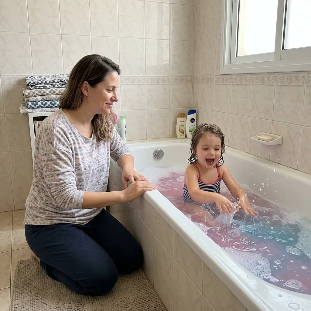 ילד מאושר באמבטיה צבעונית עם חיית גומי