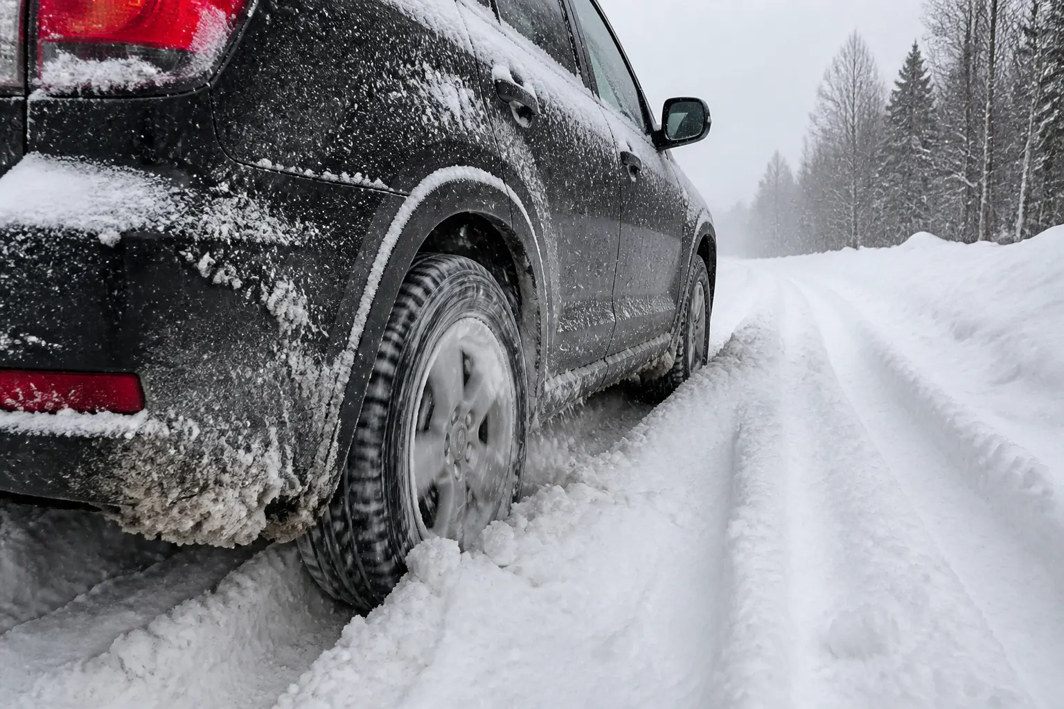 Pneu qui patine dans la neige avant l'utilisation des planches