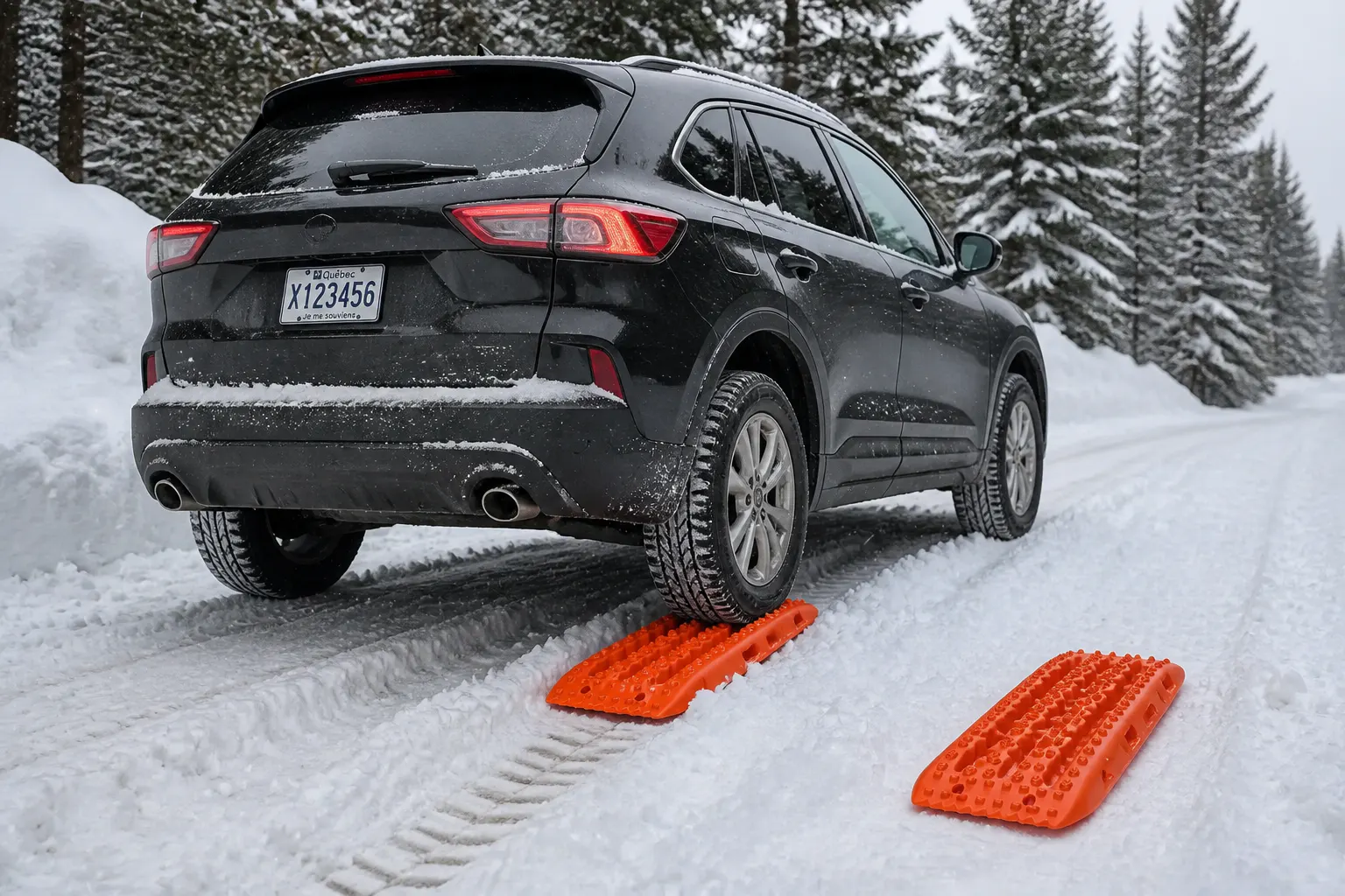 Voiture qui repart sur les planches de traction dans la neige