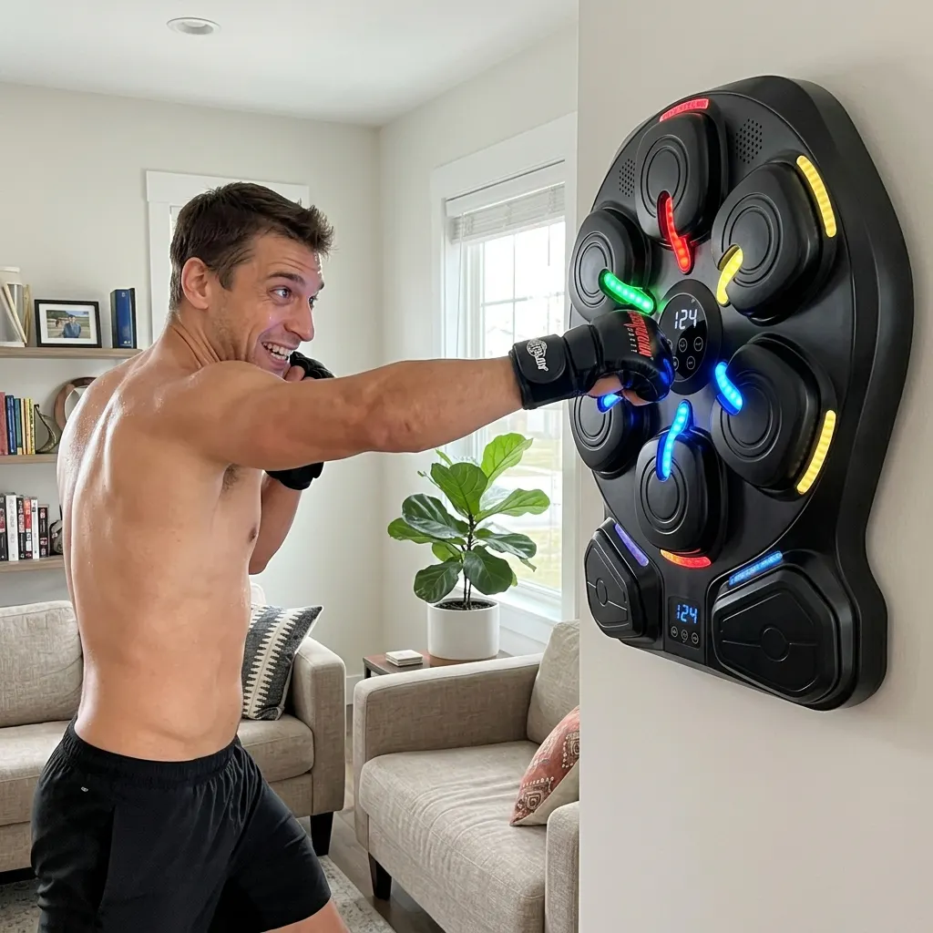Person punching the lit targets of a wall-mounted music boxing machine at home