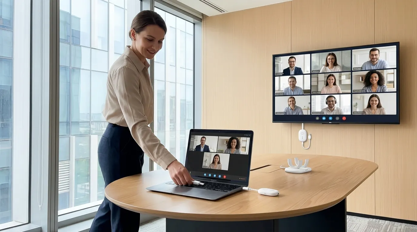 Wireless presentation kit mirroring a laptop to a conference room display