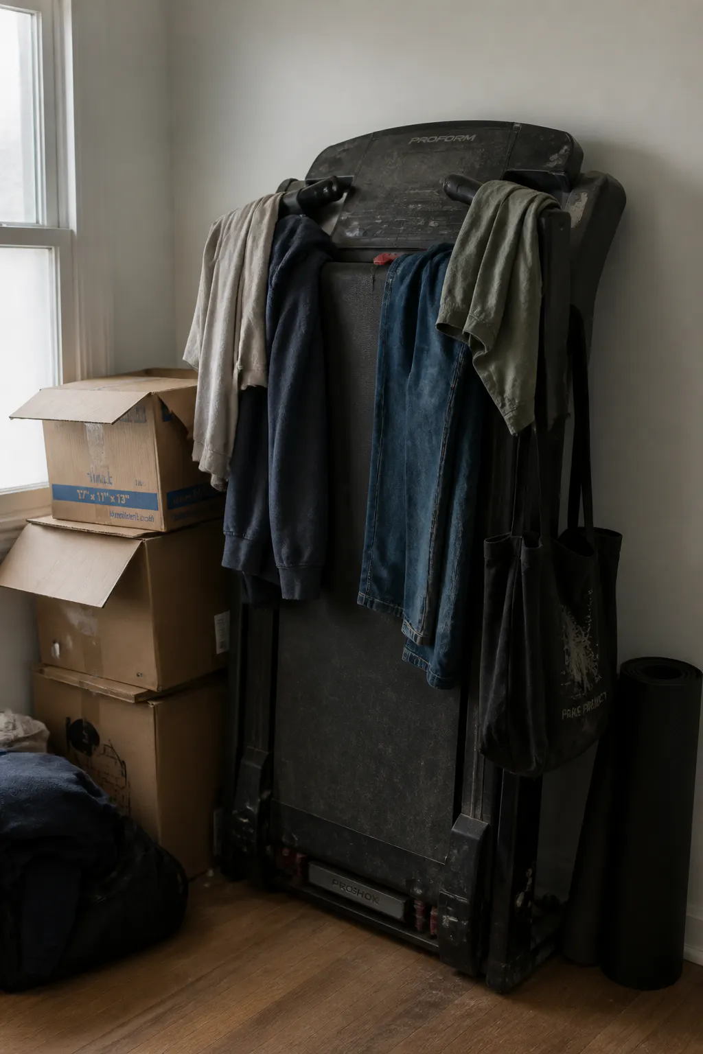 A dusty home treadmill being used as a clothes rack in a spare room