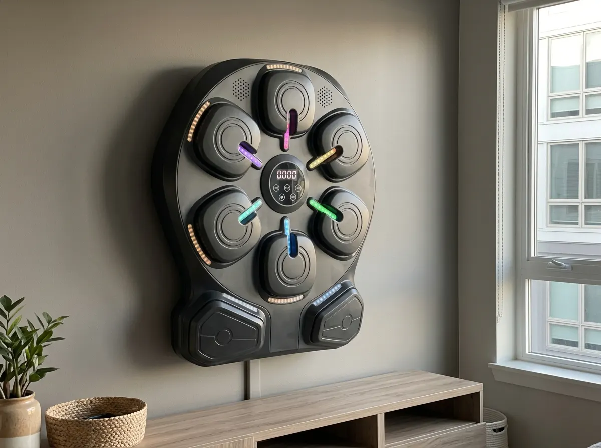 the machine mounted on a living room wall, product-only in a lived-in home