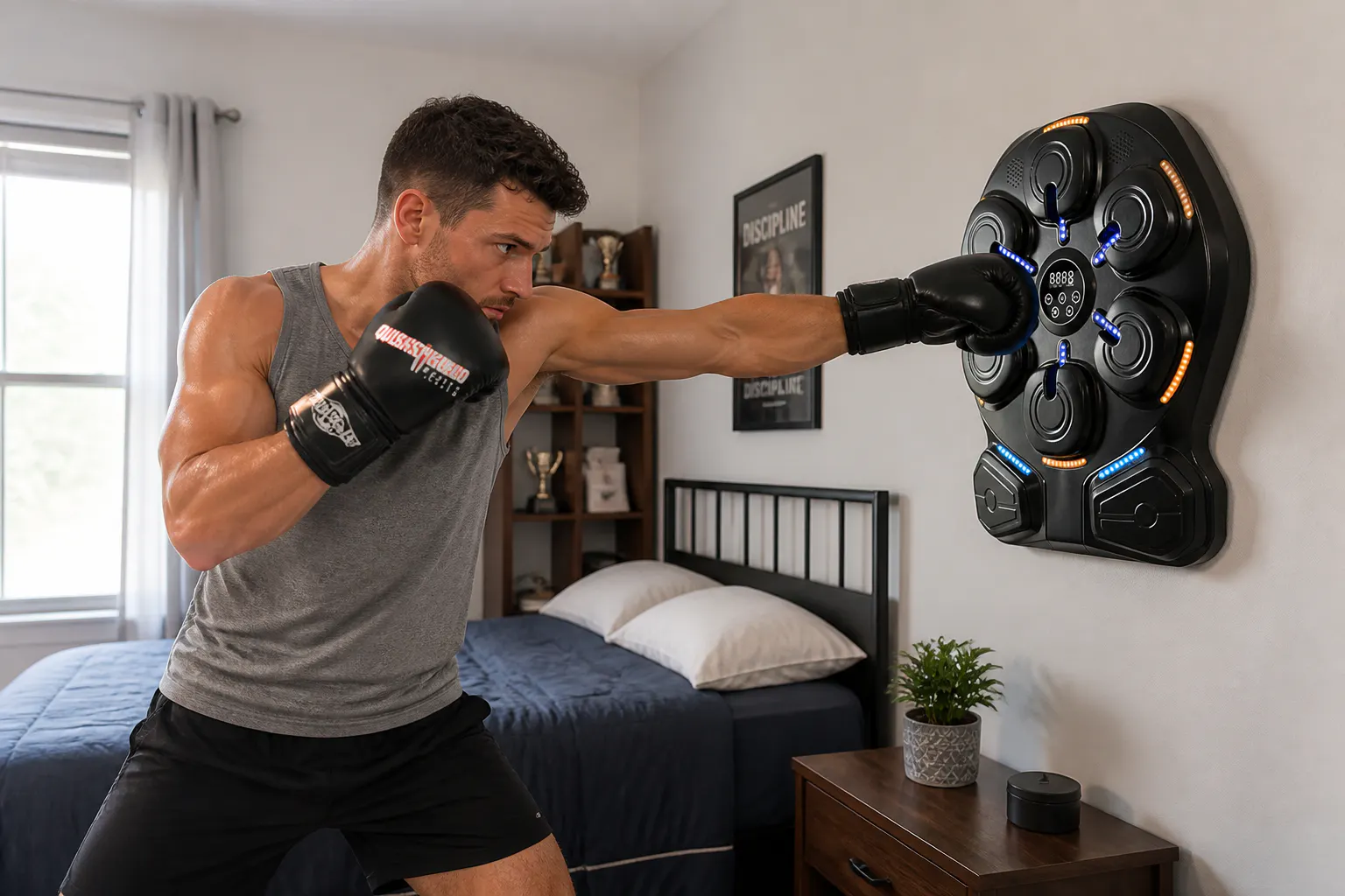 hands in gloves mid-punch at a lit target, face not visible