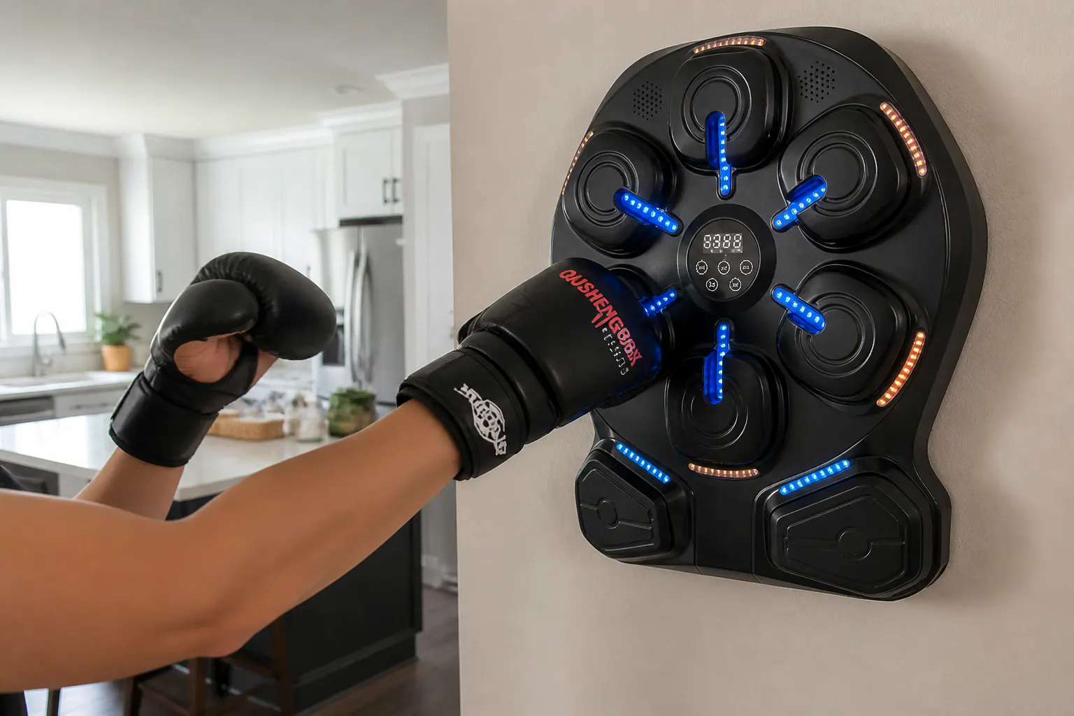 casual selfie of a woman holding gloves next to the wall machine at home