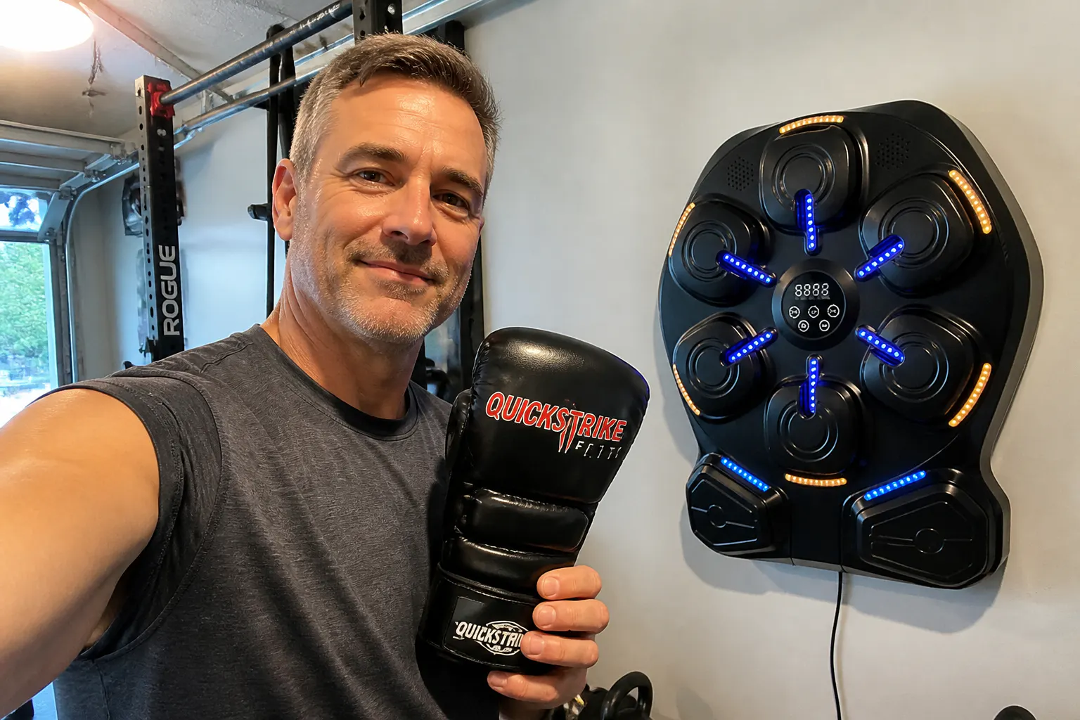 wide candid shot of a man using the machine in his garage, not looking at camera