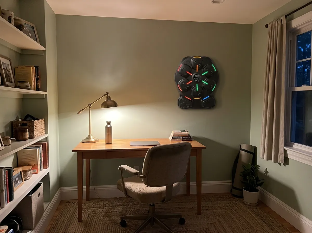 wide environmental shot of a small spare room with the machine on the wall