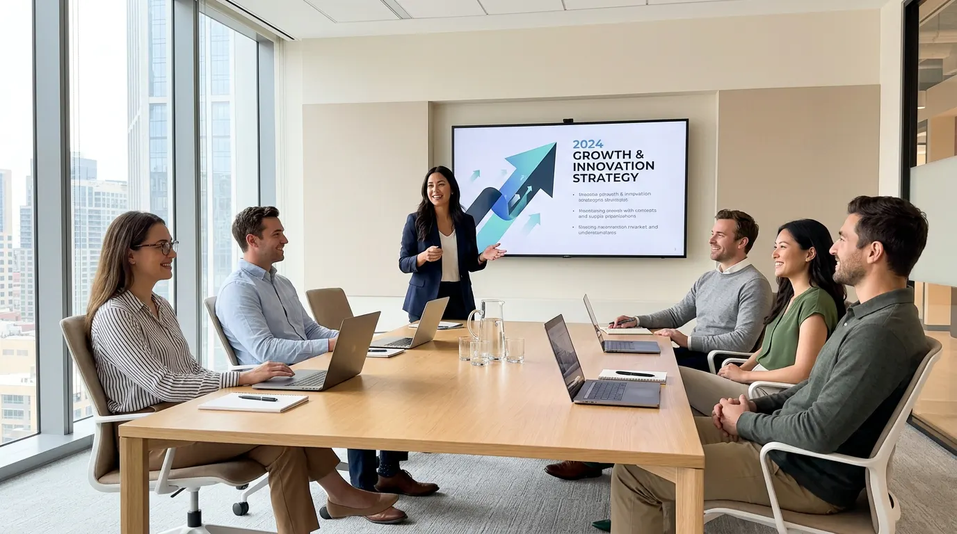 Clean modern conference room with screen up and no cables