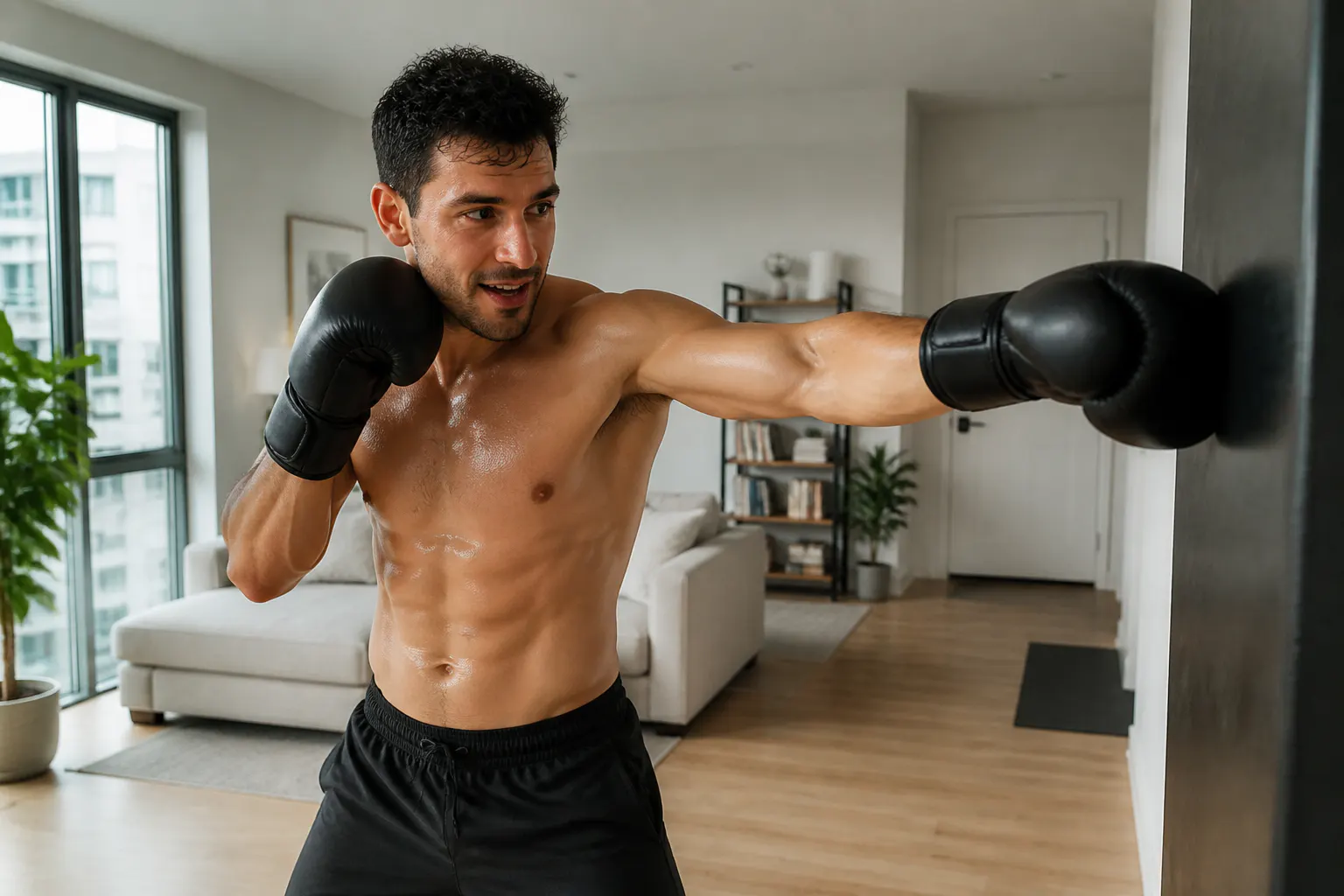 Person punching the lit targets of the music boxing machine at home, energized and smiling