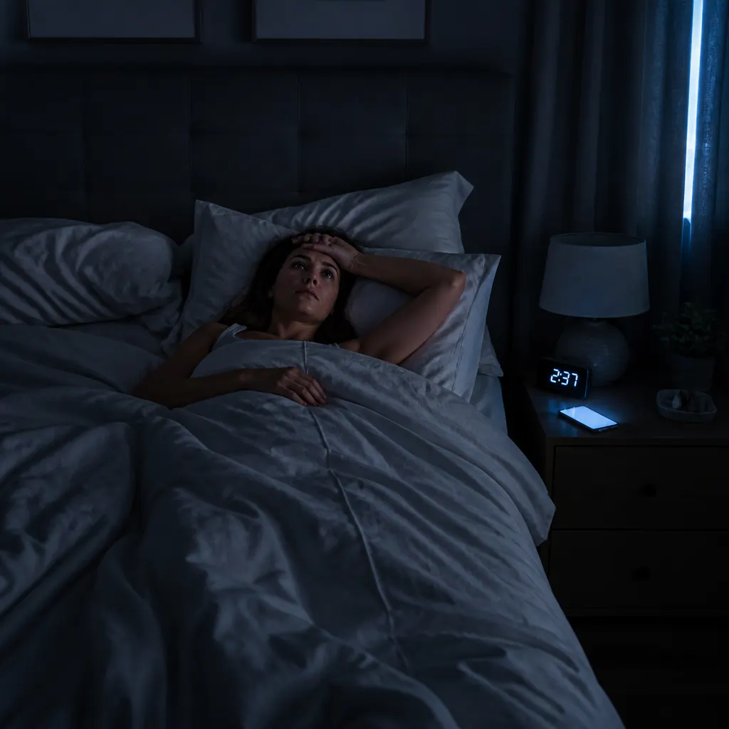 Person lying awake in a dark bedroom staring at the ceiling at night