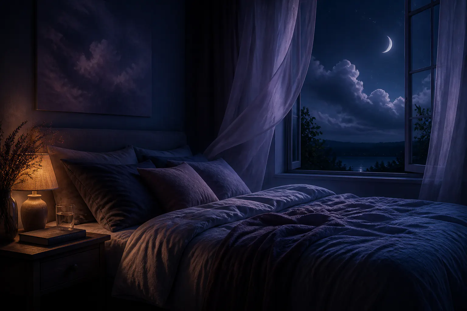 Calm dark bedroom at night