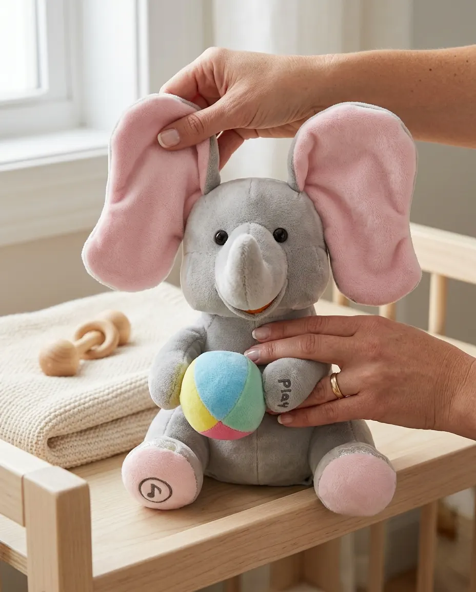Close-up of the elephant's soft fur and reinforced stitching