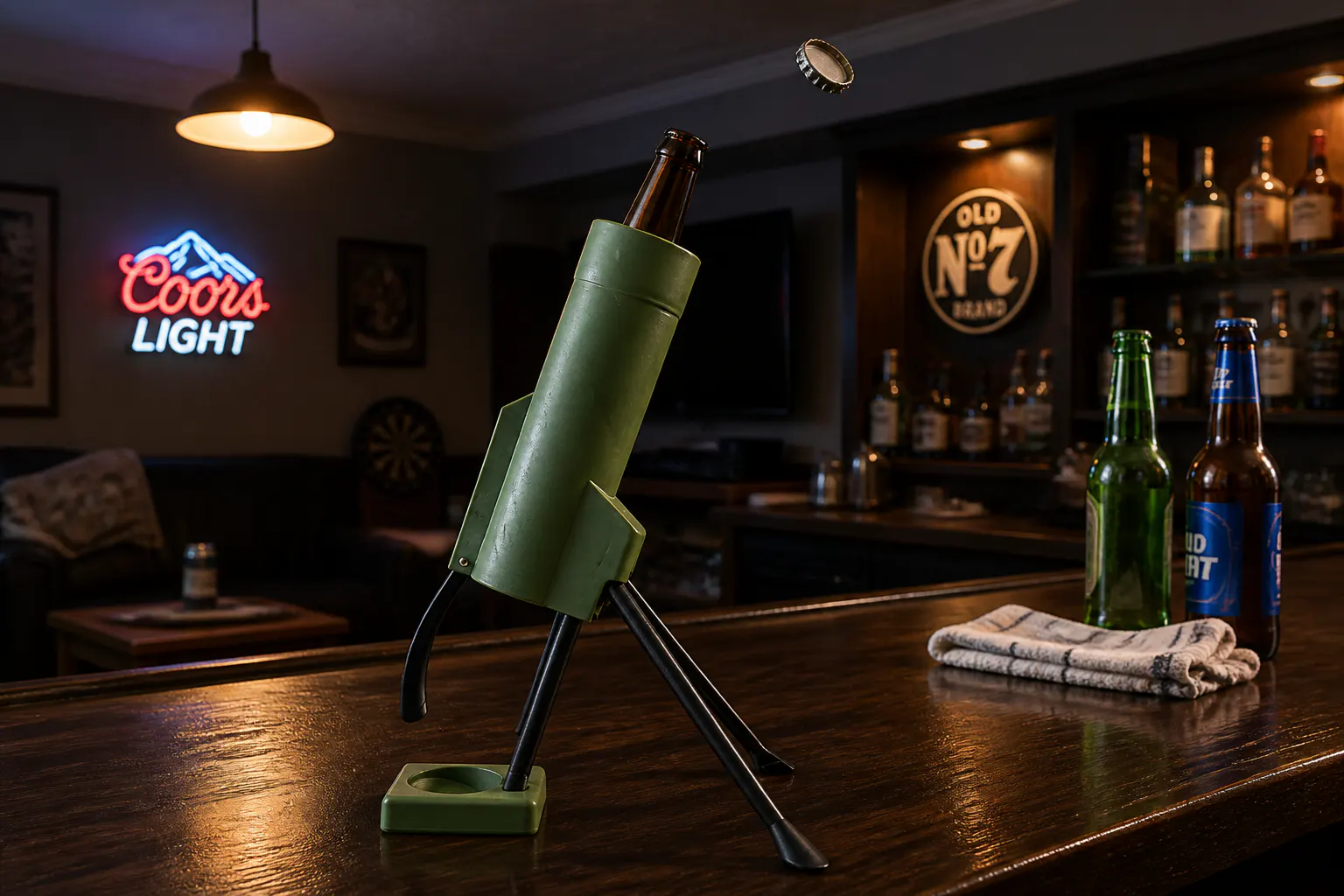 Mortar Bottle Opener Launcher on tripod with a beer cap frozen mid-air after launch