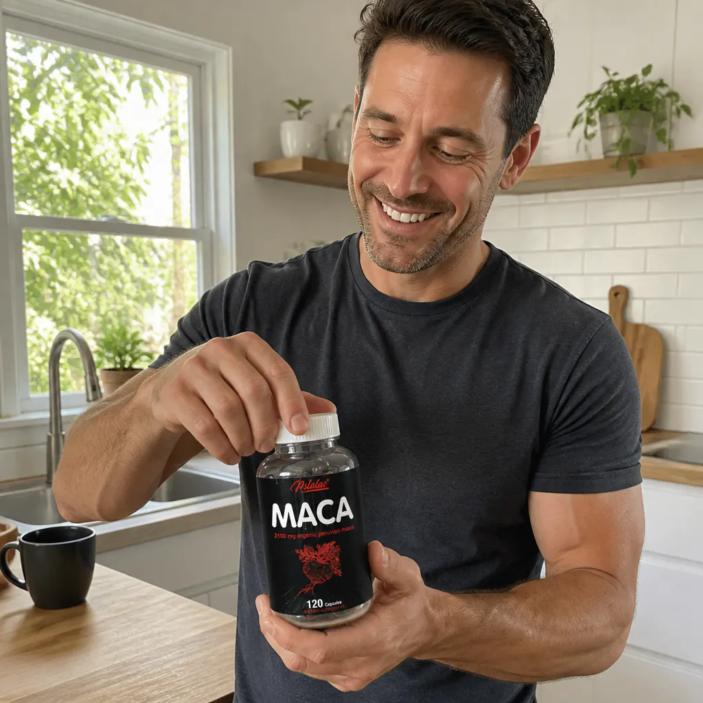 Energized woman in morning light with maca capsules