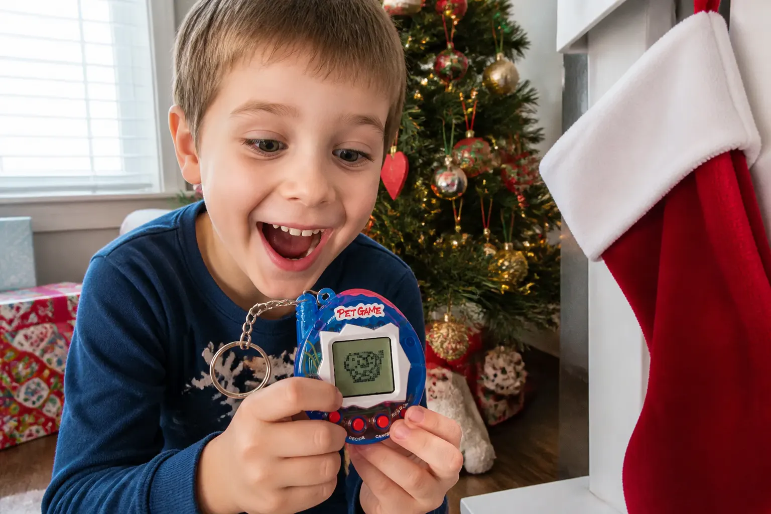 Virtual pet keychains tucked into Christmas stockings