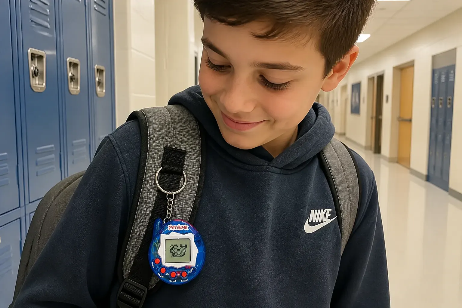 A child caring for a virtual pet keychain