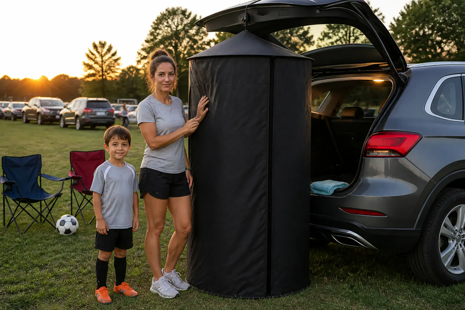 A parent at the open tailgate, kids changed and calm in the lot