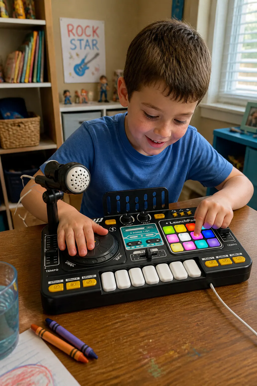 A child scratching the turntable while the built-in speaker plays a beat