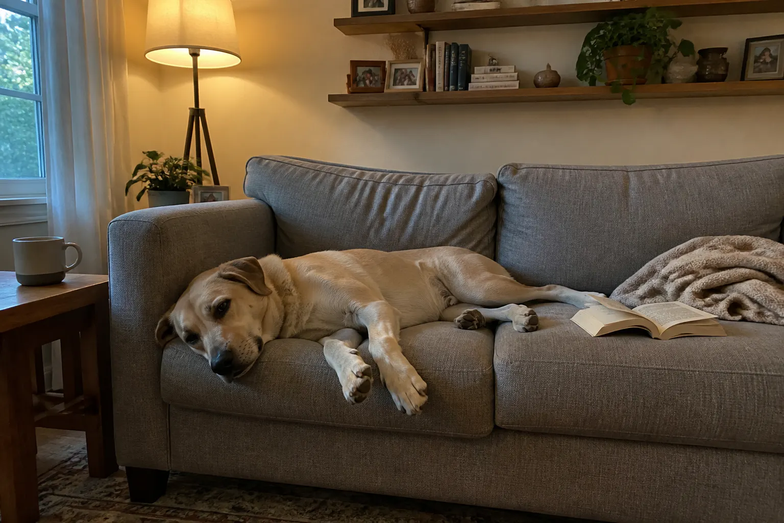A dry, calm dog wrapped in the green Ventra robe