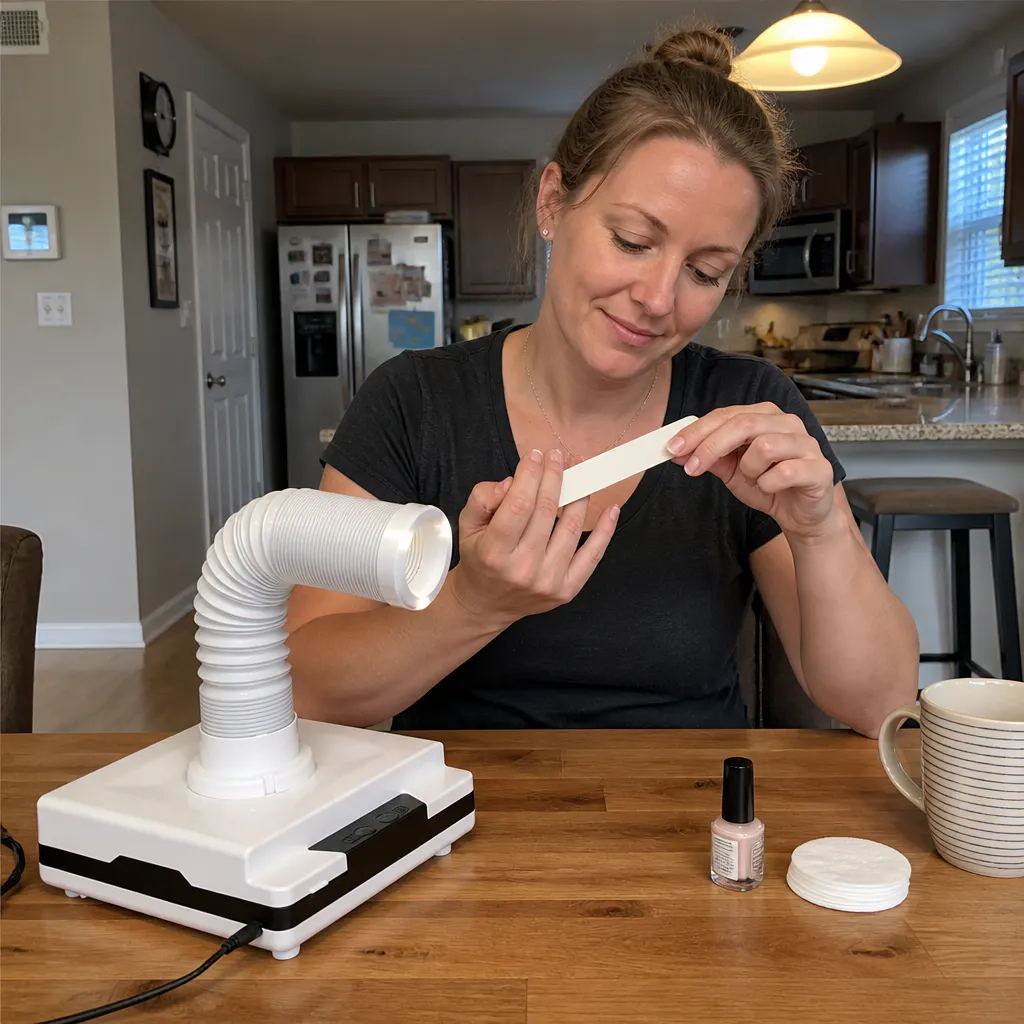 Ventra Nail Duster pulling white nail dust into the lit intake head