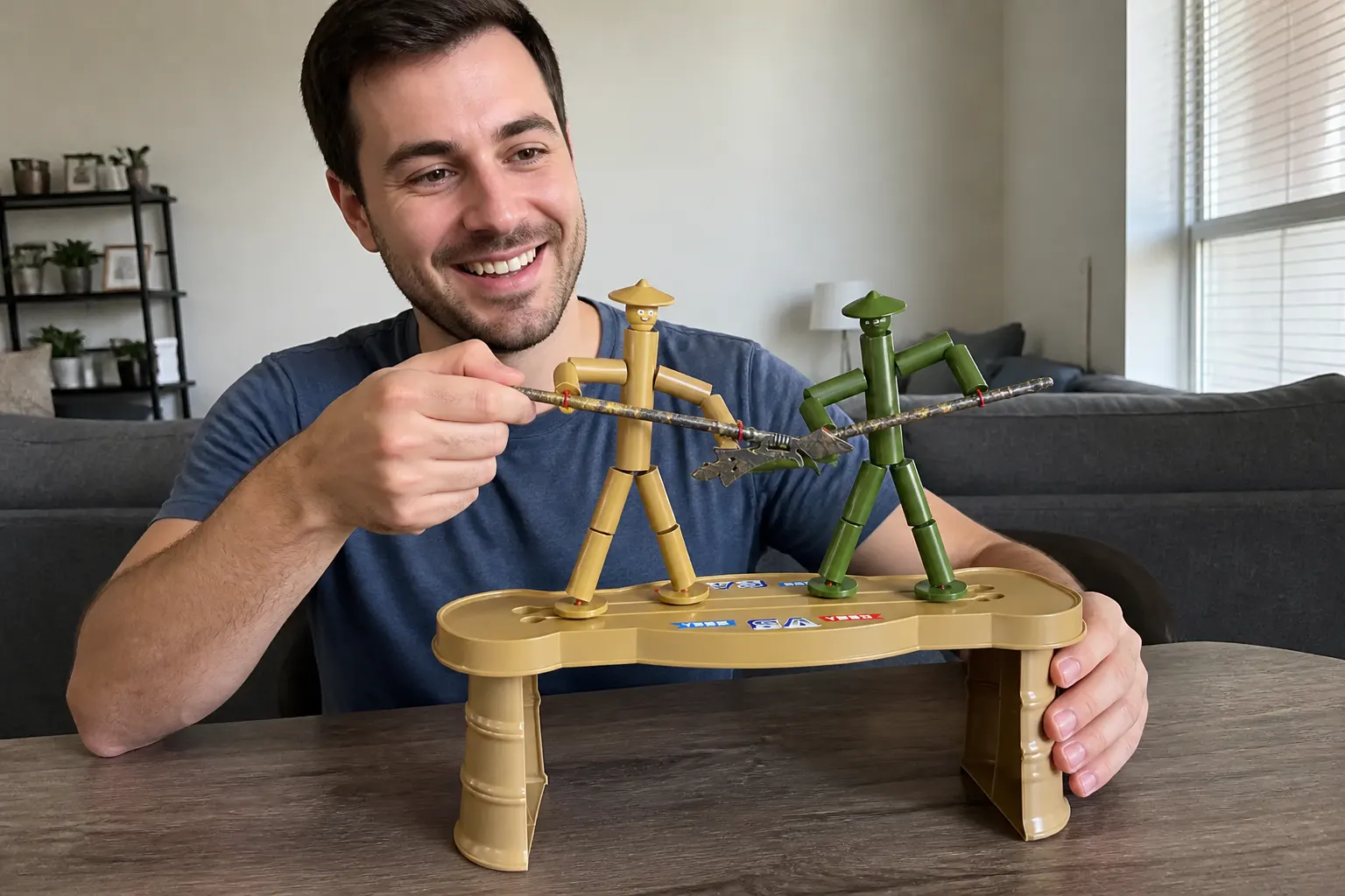 Close-up of the sturdy bamboo joints bound with cotton thread on the Bamboo Battle Game
