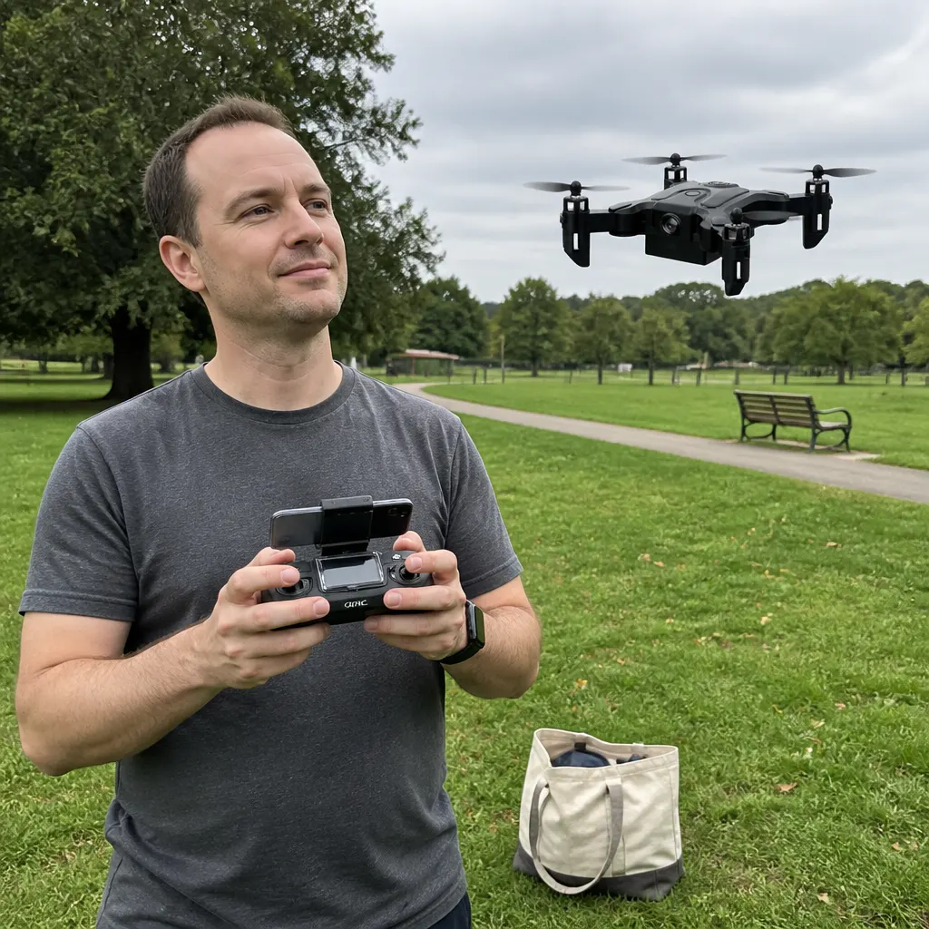 Person flying the Ventra nano drone with live camera feed on their phone