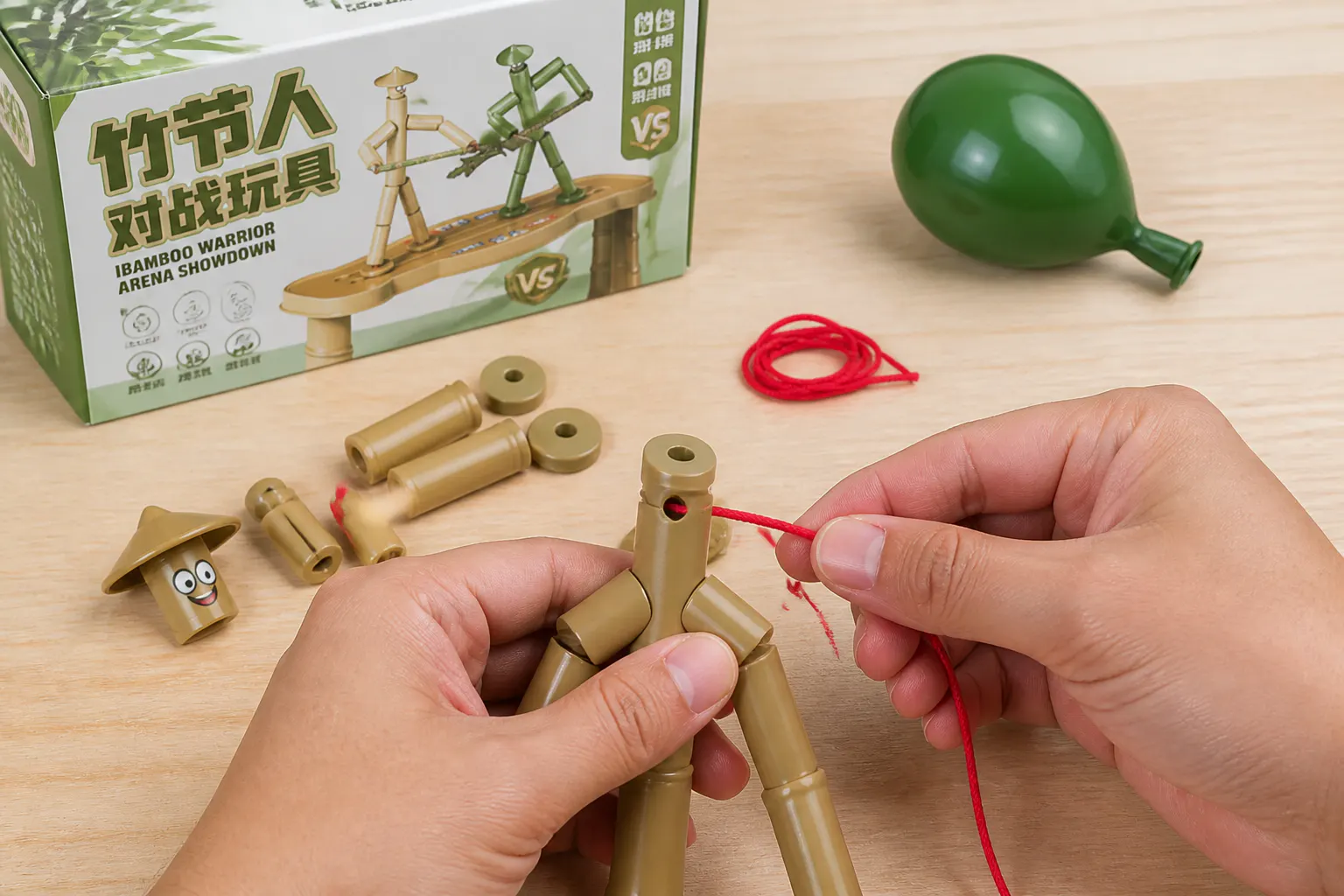 Two bamboo warriors set up facing each other on a table, balloon heads inflated
