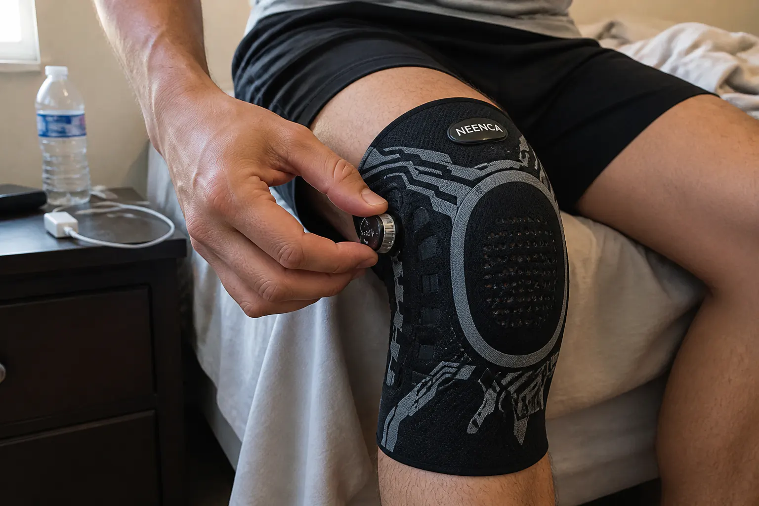 A hand re-cranking the tension knob on the knee brace