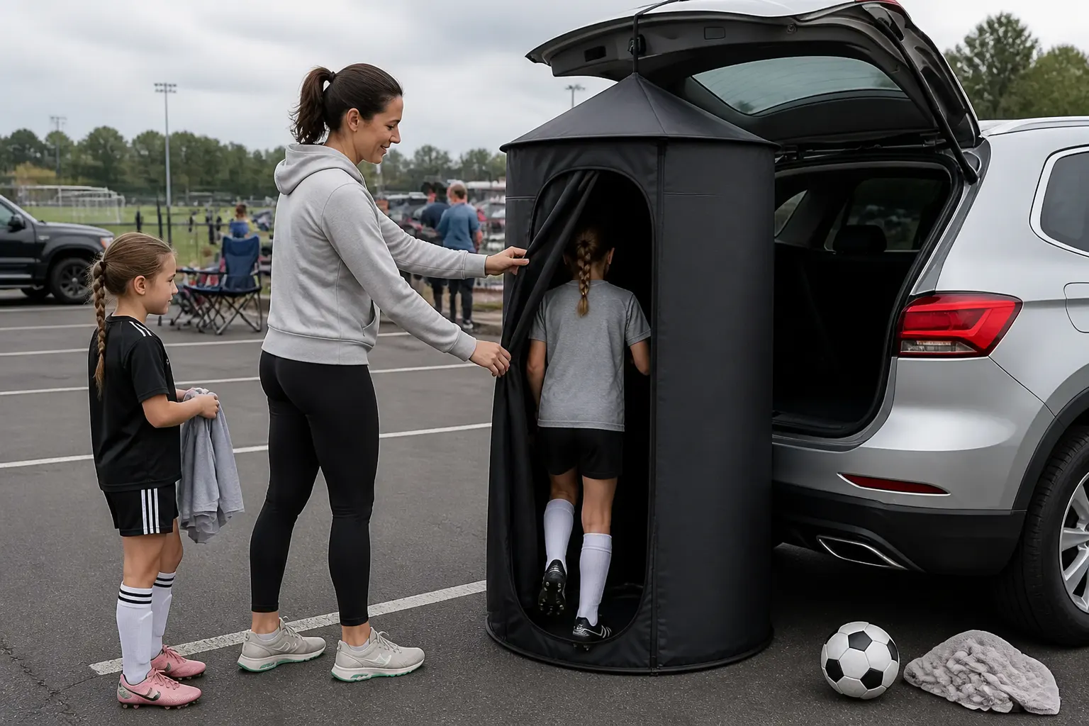 A parent at the open hatch of an SUV with the changing tent clipped to the tailgate