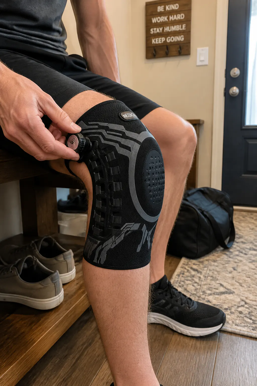 Hand turning the tension knob as the knee brace cinches tighter around the knee