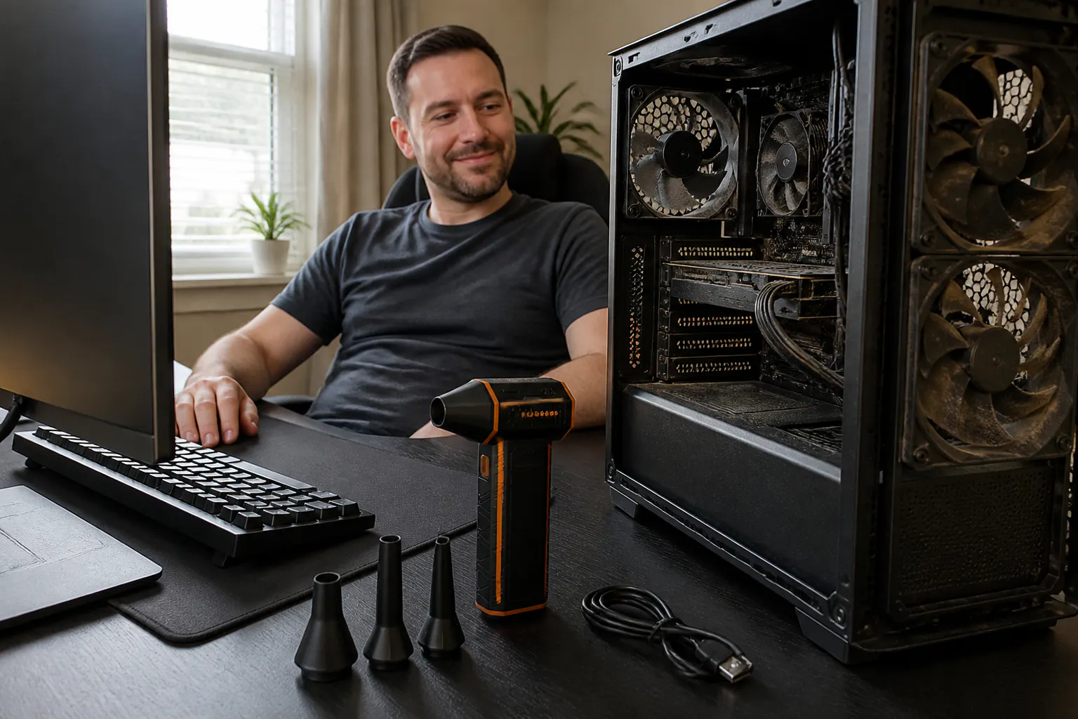 Compressed air duster blasting dust off a keyboard