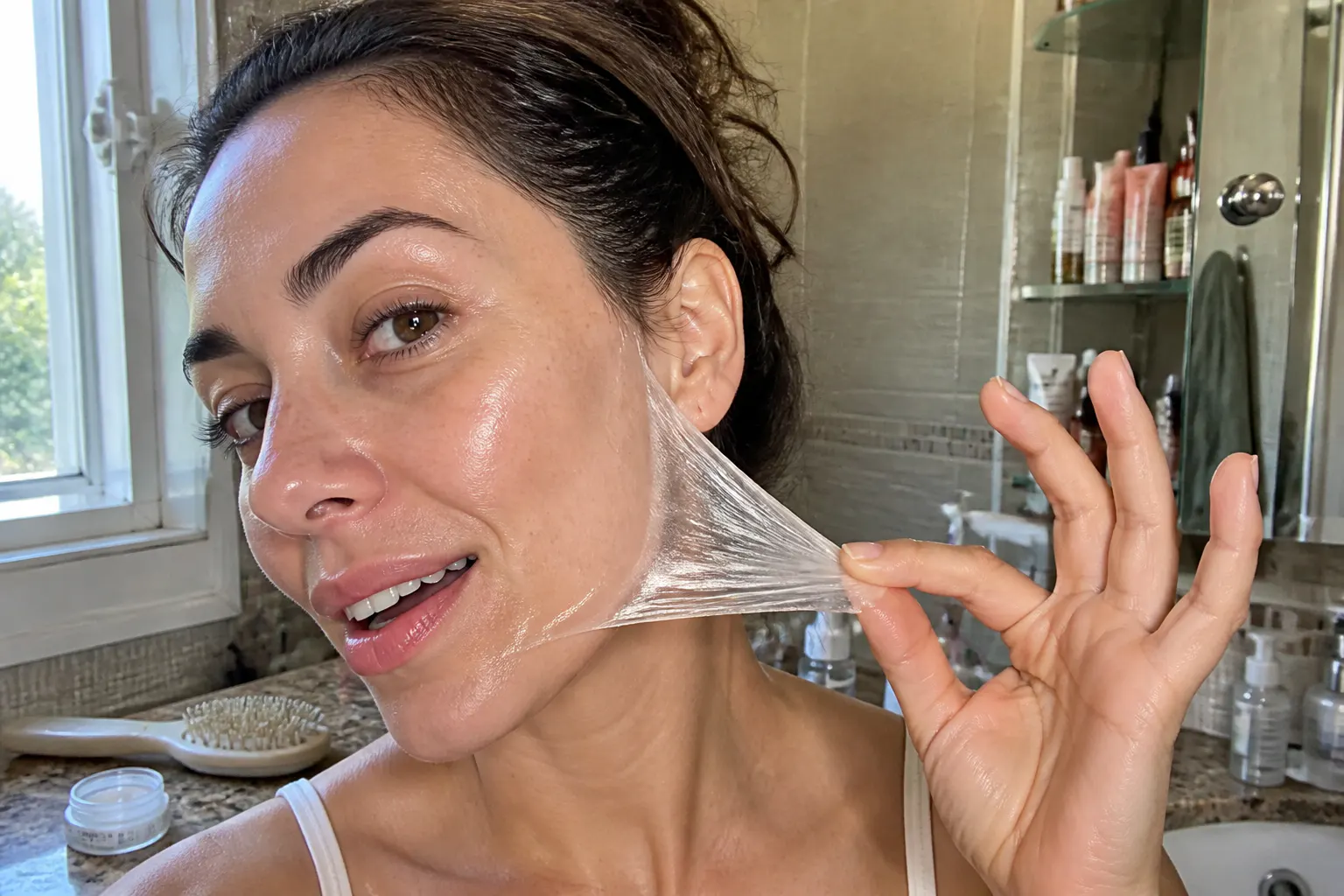 Peeling the clear film off to reveal dewy morning skin