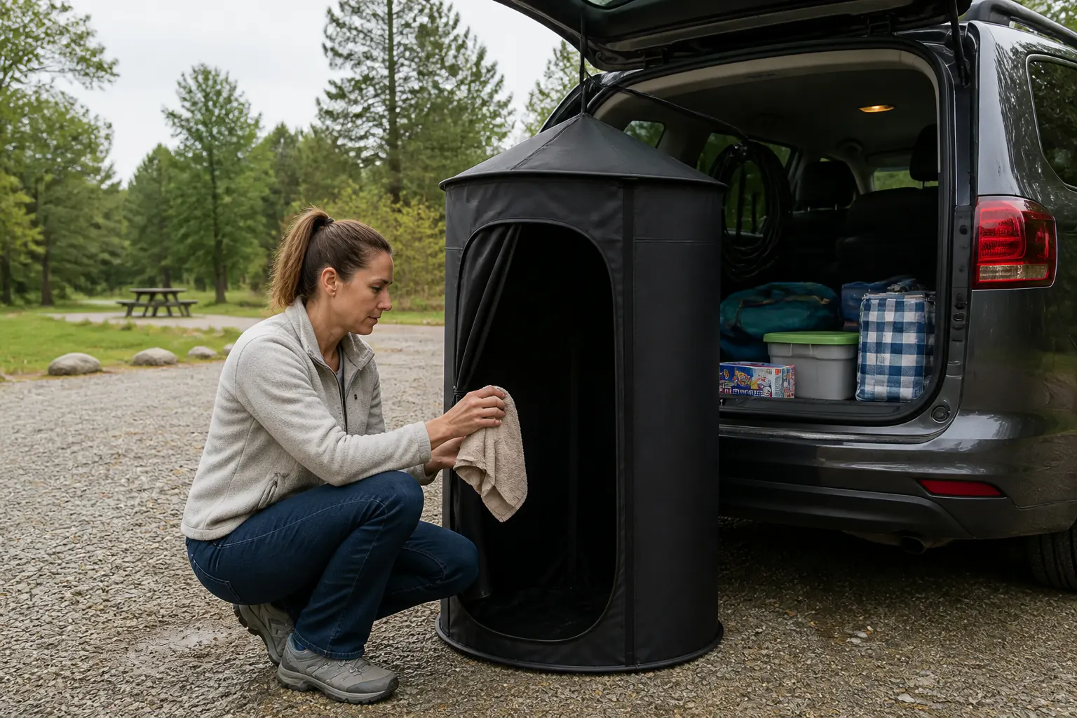 Privacy tent hung from the open rear liftgate of a minivan at a sports field