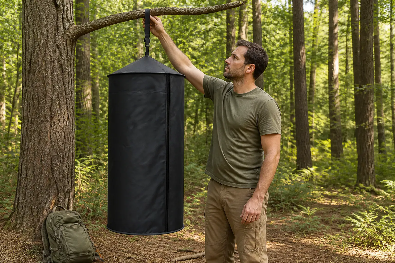 Privacy tent hanging from a low tree branch at the beach in warm evening light