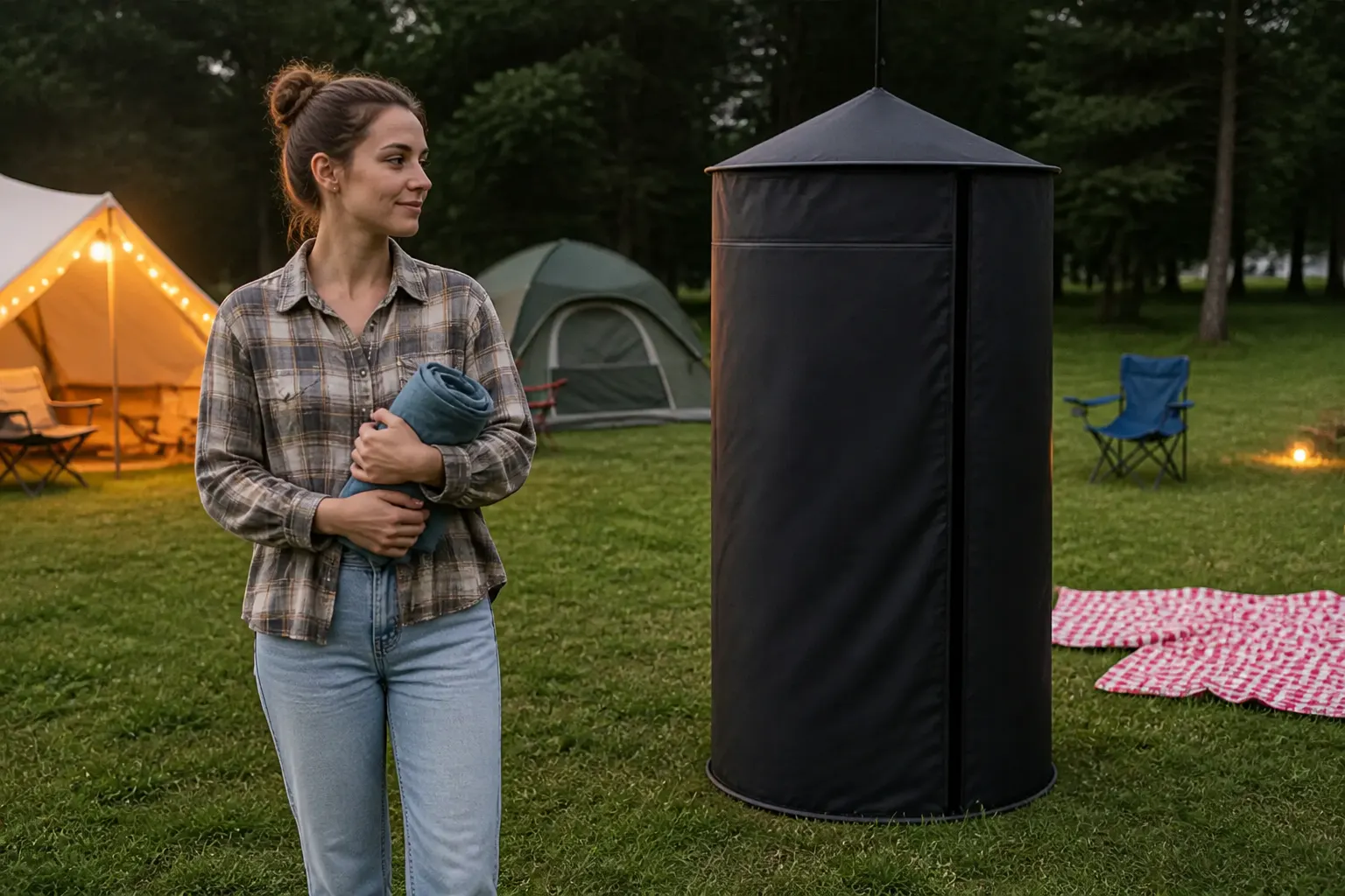 Privacy tent standing on its own at a campsite with an adult beside it for scale