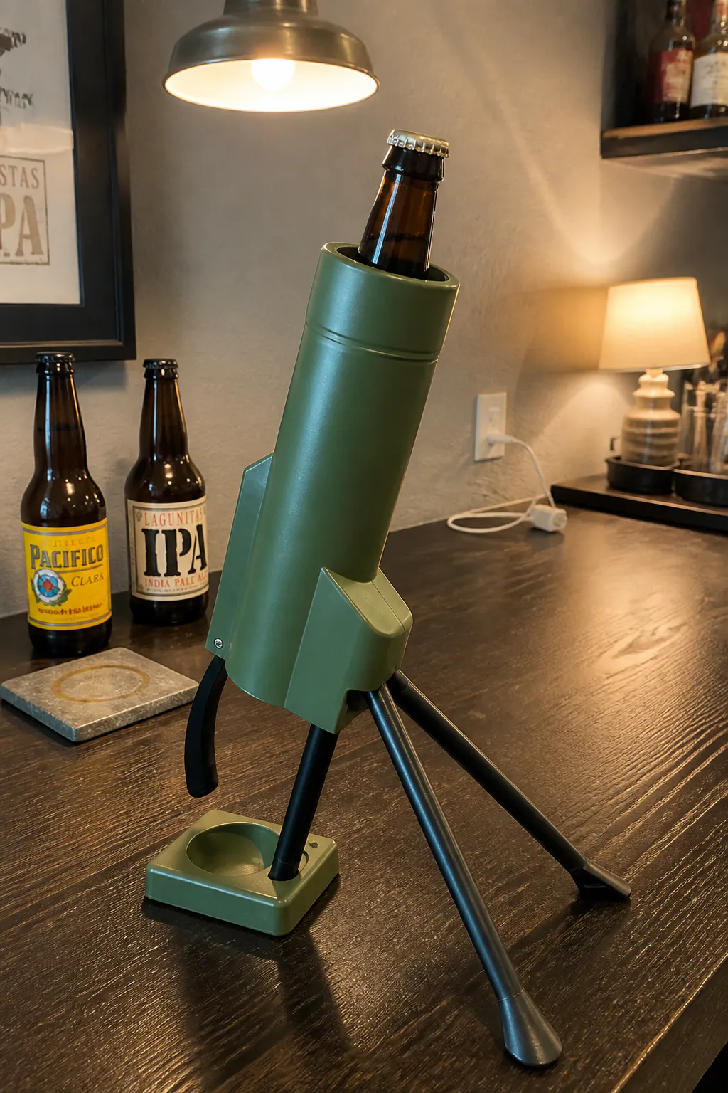 A standard 12oz lager bottle seated in the mortar tube, cap ready to launch