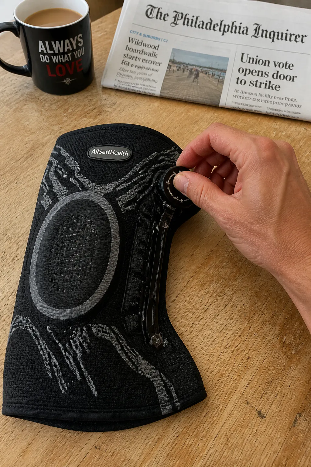 The knee brace construction laid flat showing the knit, gel pad, and side stabilizers