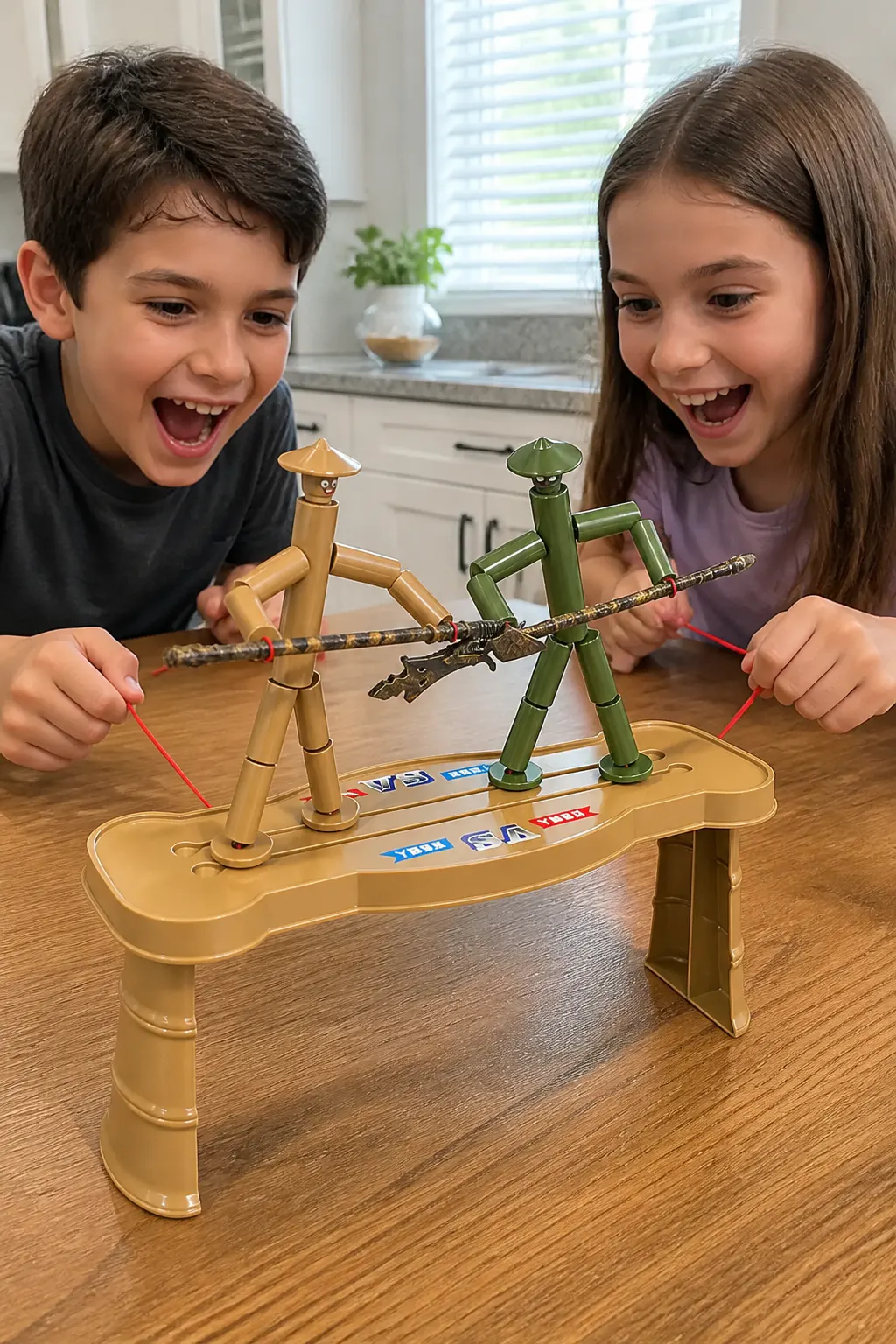 Two players dueling with the Bamboo Battle Game as a balloon pops and everyone laughs