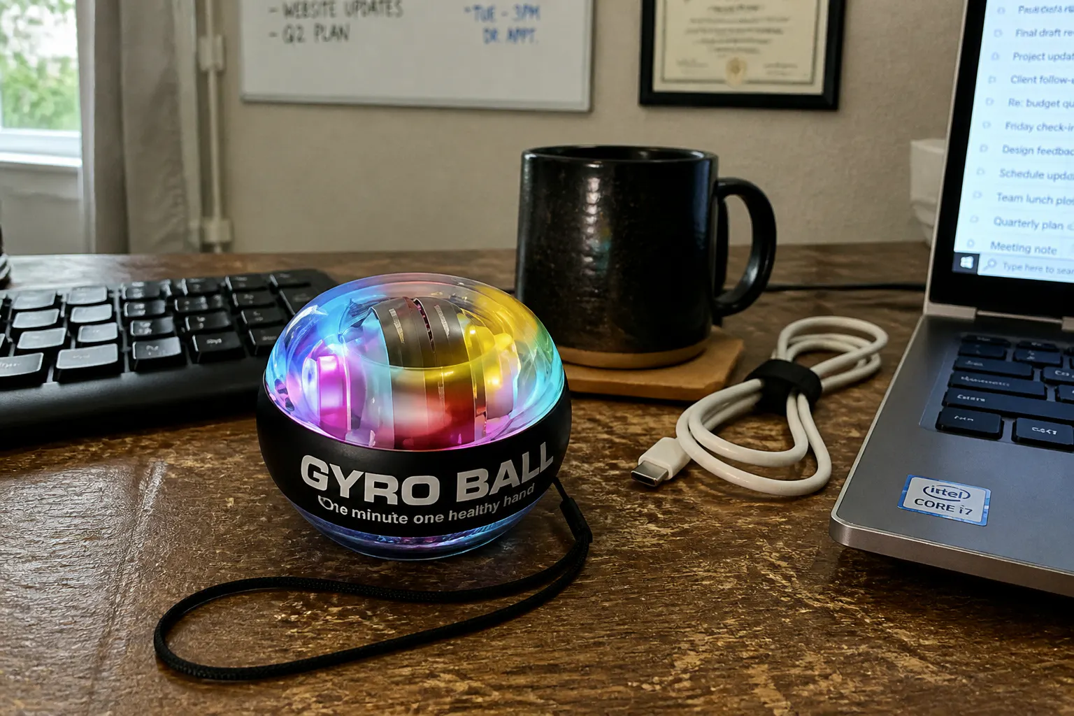 A hand spinning the Torque Ball with the LED rotor glowing