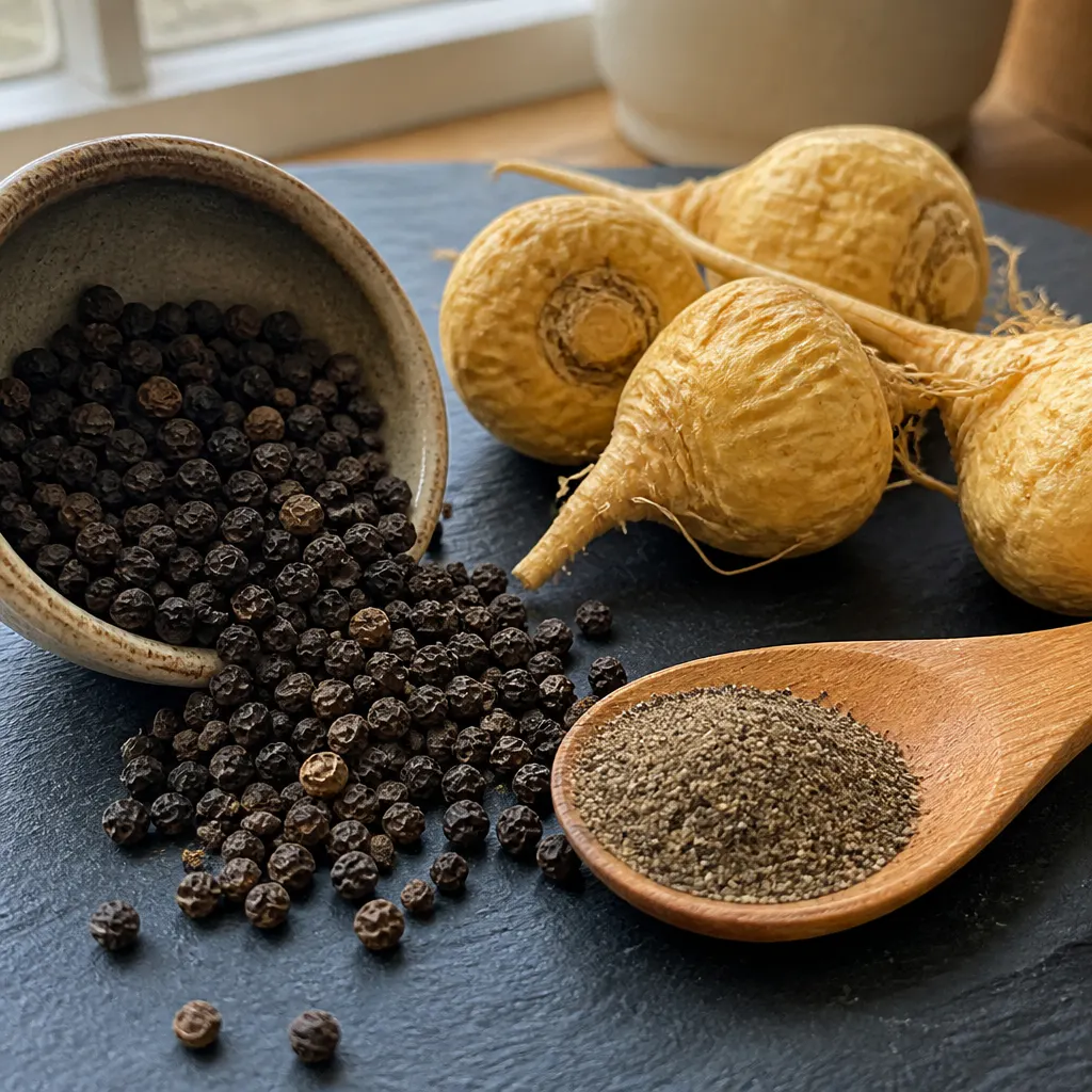 Black peppercorns beside maca capsules