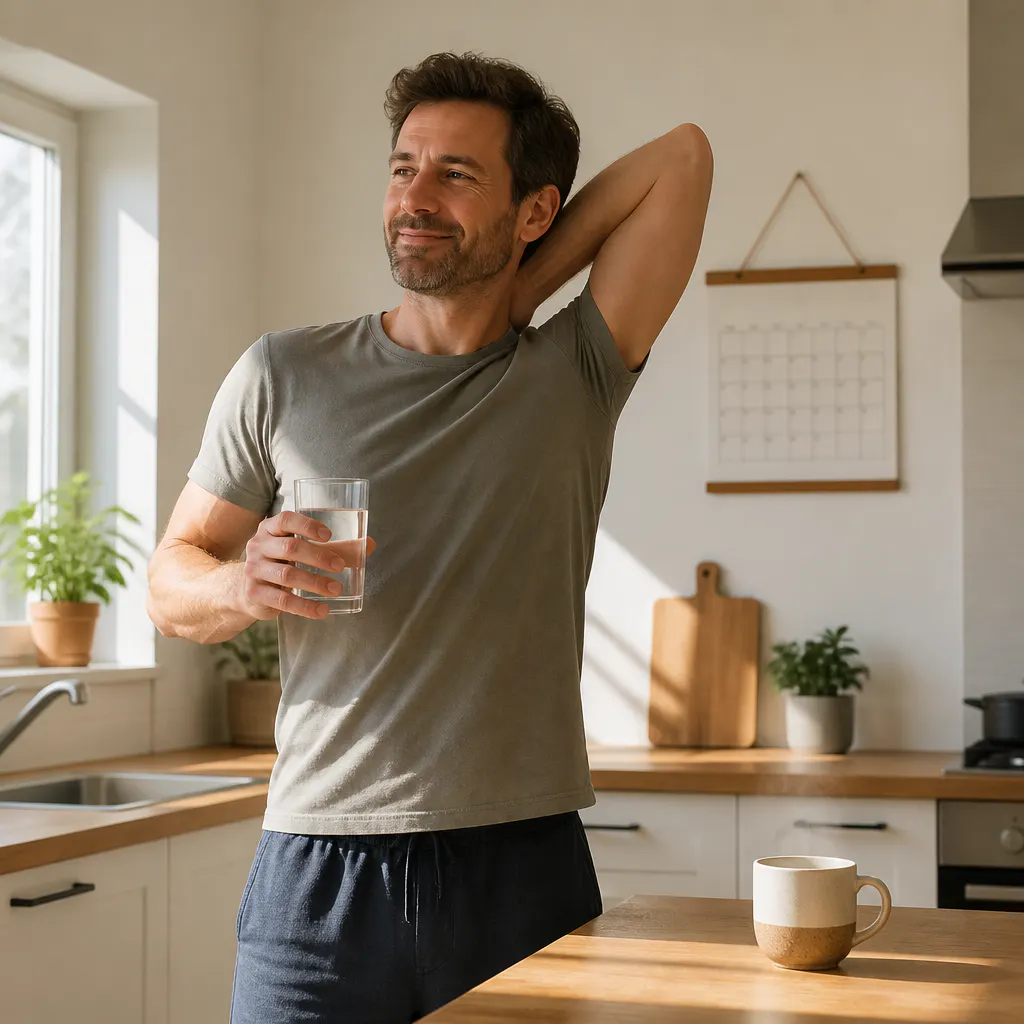 Woman taking a maca capsule in the morning, energized