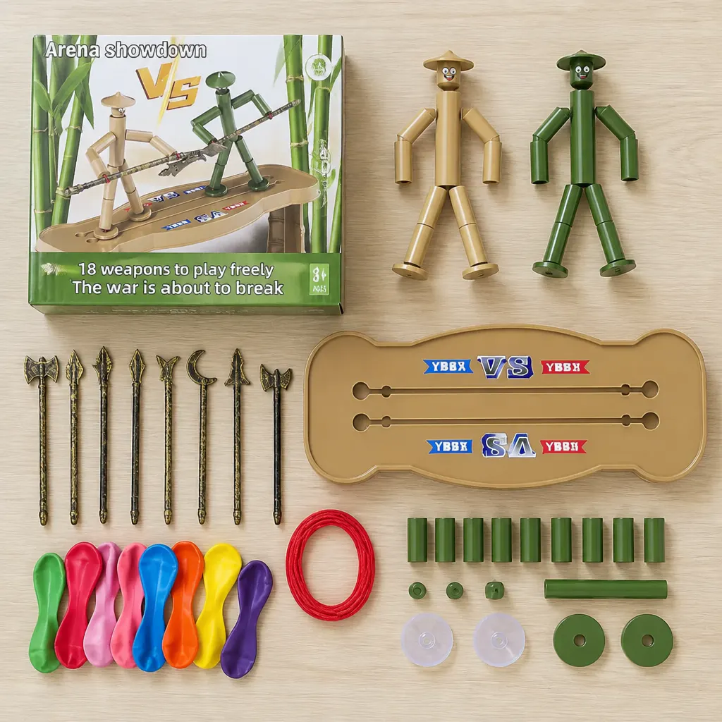 Everything included with the Bamboo Battle Game laid out - two warriors, arena base, and a big pile of balloons