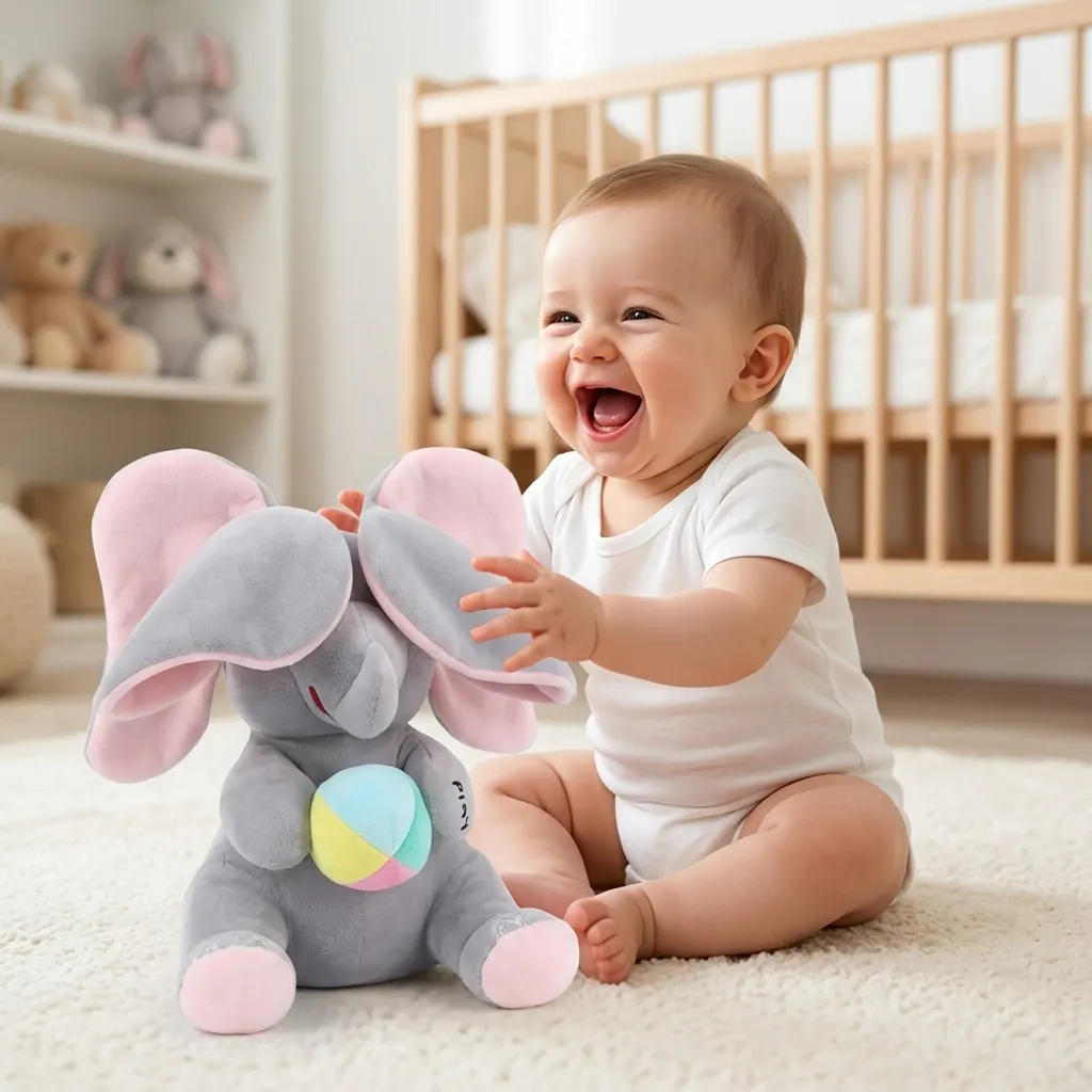 Baby laughing with the Hide-and-Seek elephant plush