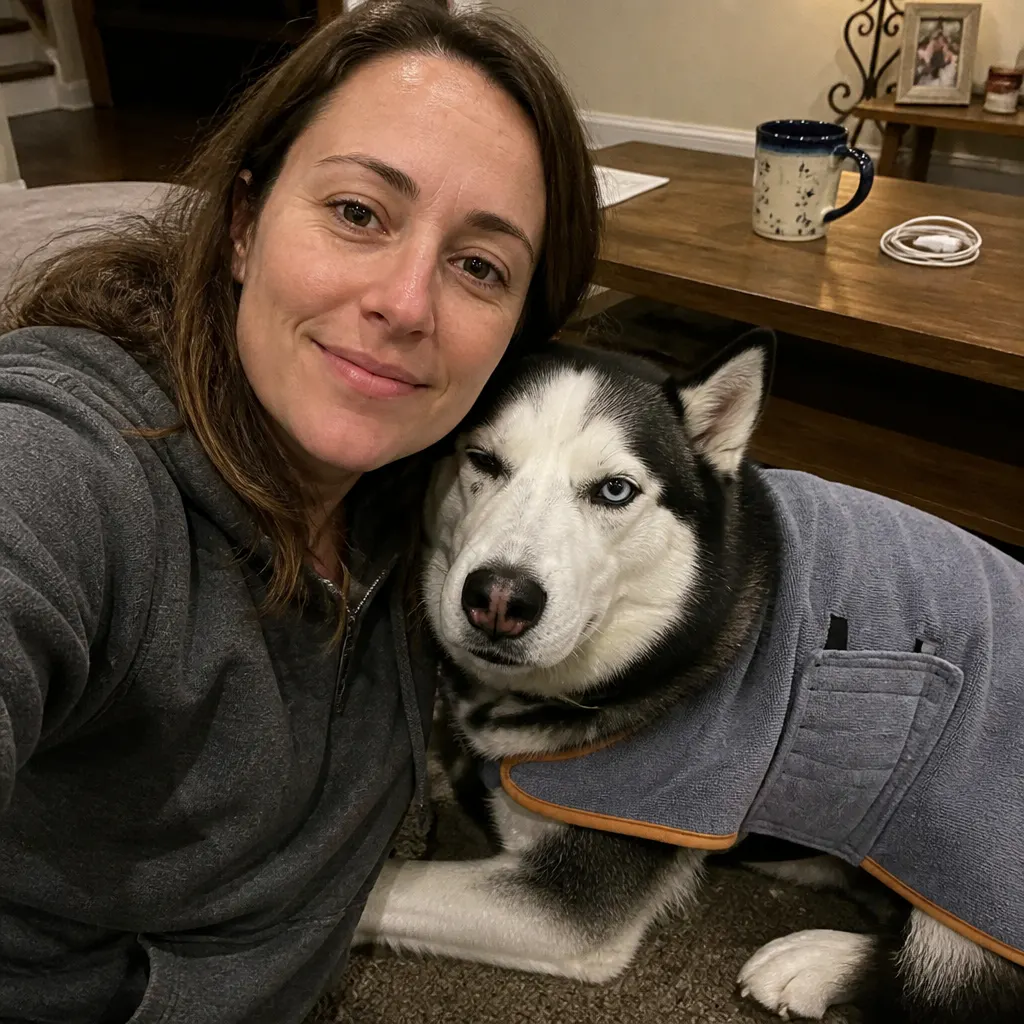 Danielle M.'s dog in the robe